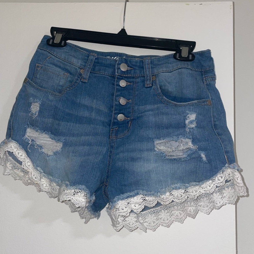 Denim Lace Trim Women High Waisted Shorts